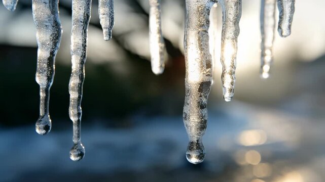 Closeup of icicles hanging from a snow-covered surface with sunlight shining through in winter