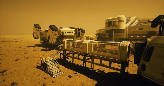 A futuristic colony on Mars features various habitats and vehicles surrounded by the reddish Martian landscape. Dusty terrain highlights advancements in space exploration technology.