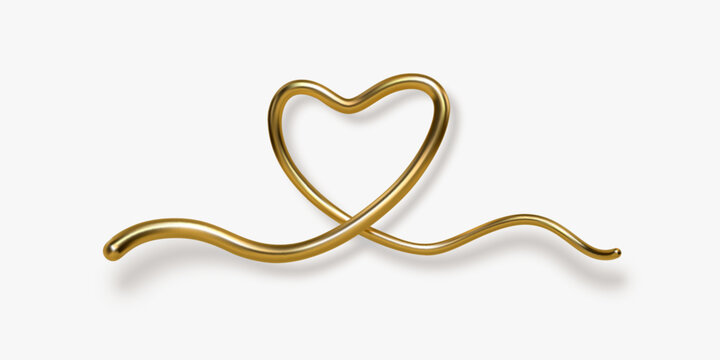 3d gold hand written heart with shadow on white background. Decorative elements for Valentines day or wedding design. Love sign and symbol. Vector illustration.