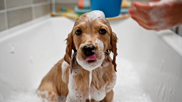 Soapy pup sticking tongue