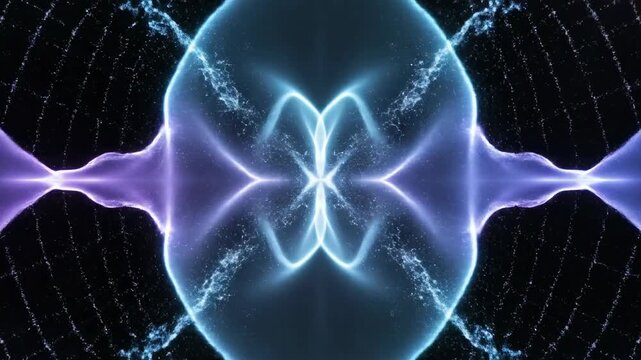 Dynamic visualization of two energy waves interfering to create shimmering harmonic ripple patterns over a deep black void sound, visualization, clean
