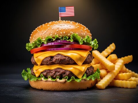 Delicious double cheeseburger with french fries and us flag
