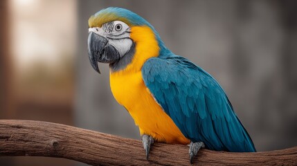 Obraz premium A blue and yellow parrot is perched on a branch