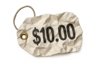 Crumpled $10.00 price tag showing cost, sale, discount, and affordability for shopping budget planning on transparent background