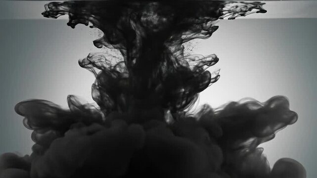 Extreme cinematic close up of thick black ink swirling and slowly dissipating in clear water demonstrating changes in liquid density and opacity paint, pollution, dissolve