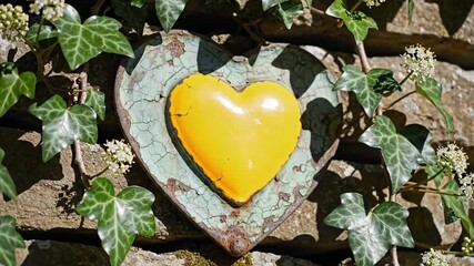 Yellow heart on stone wall, framed by ivy