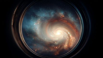 Ai view of a galaxy through a spaceship window during a journey in space at night