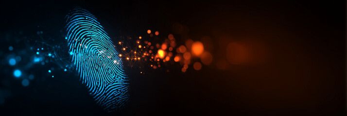 Glowing fingerprint identification. Digital tech background with biometric authentication, personal data privacy. Cybersecurity concept includes network connection, dots with blue, orange data