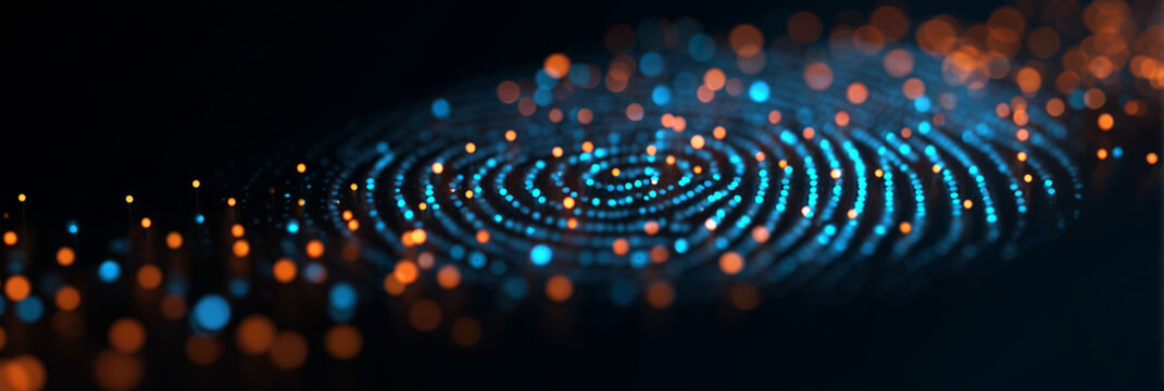 Glowing fingerprint identification. Digital tech background with biometric authentication, personal data privacy. Cybersecurity concept includes network connection, dots with blue, orange data - Powered by Adobe