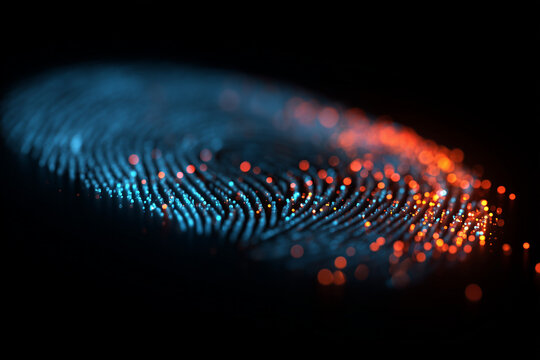 Glowing fingerprint identification. Digital tech background with biometric authentication, personal data privacy. Cybersecurity concept includes network connection, dots with blue, orange data - Powered by Adobe