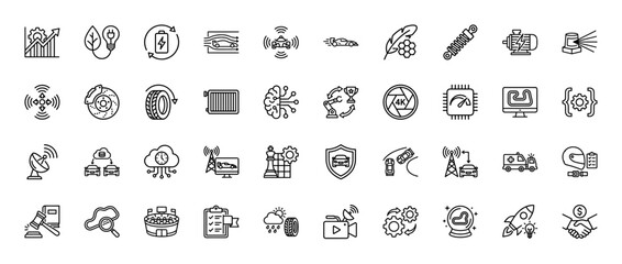 Automotive technology line icon set. Vector pictograms of electric car, smart mobility, performance, and vehicle systems, thin linear illustration.