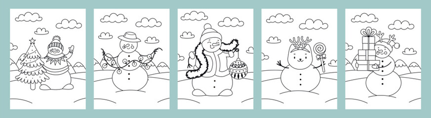 Snowman coloring page for kids. Simple winter outline with festive details. Printable for holiday fun, education, and family activities. Vector illustration