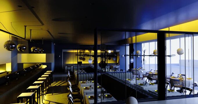 A contemporary restaurant features sleek furnishings and bright yellow accents. The atmosphere is inviting with well set tables and large windows offering a view.