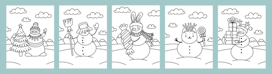 Snowman coloring page for kids. Simple winter outline with festive details. Printable for holiday fun, education, and family activities. Vector illustration