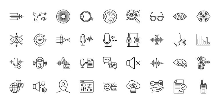 Biometrics, security, and human senses line icon set. Vector pictograms of retina scan, voice recognition, dna, and fingerprint, thin linear illustration.
