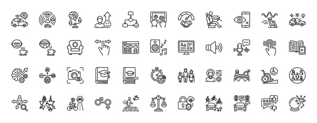 Fototapeta premium Smart driving and user interface line icon set. Vector pictograms of autonomous car, brain computing, voice control, and touchscreen interaction, thin linear illustration.