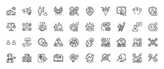 Business, finance, and education line icon set. Vector pictograms of teamwork, investment, security, and knowledge development, thin linear illustration.