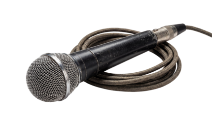 A well-used, dynamic microphone rests on a plain background. A cable is artfully coiled around it. The microphone appears ready for its next performance.