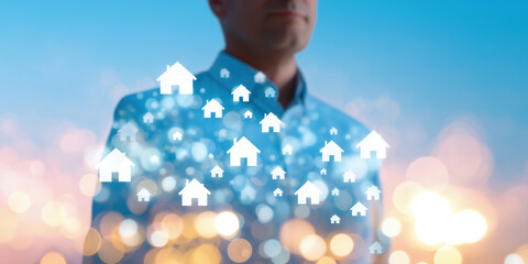 Professional stands among glowing house icons symbolizing diverse residential opportunities.