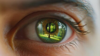 Close-up of human eye reflecting green forest and sunflower, nature conservation concept.