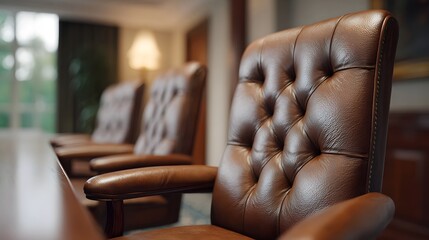 A row of elegant tufted leather executive chairs in a professional boardroom setting bathed in soft ambient light