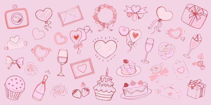 Pink valentine s day doodle background with hearts gifts and sweets - Powered by Adobe