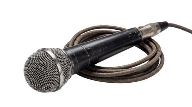 A well-used, dynamic microphone rests on a plain background. A cable is artfully coiled around it. The microphone appears ready for its next performance.