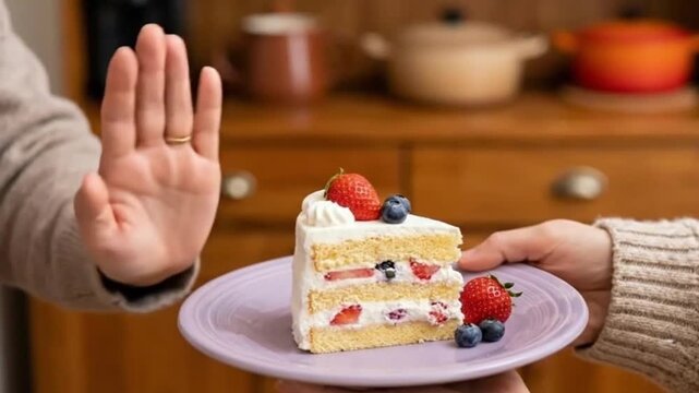 Person refusing a slice of delicious strawberry and blueberry shortcake offered on a plate, symbolizing diet or healthy eating choice - Powered by Adobe
