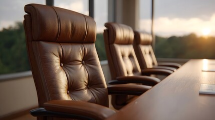 Brown leather executive chairs in a conference room overlooking a sunset view