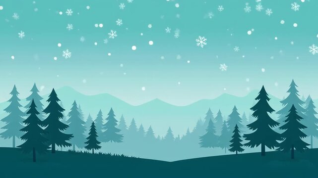 Beautiful vector art depicting a peaceful winter wonderland scene with snow-covered pine trees and majestic mountains under a soft blue gradient.