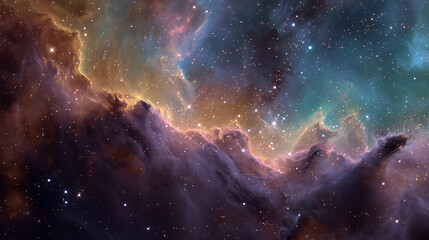 Ai Bright colors and stars appear in a cosmic scene with clouds in space showing many details and depth in the universe beyond Earth