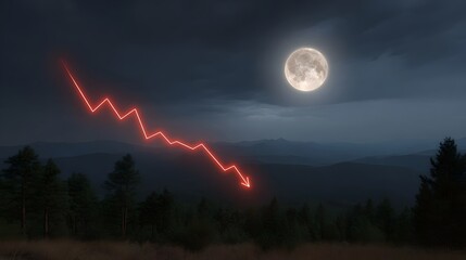A red downward trending graph overlays a dark mountain landscape under a full moon