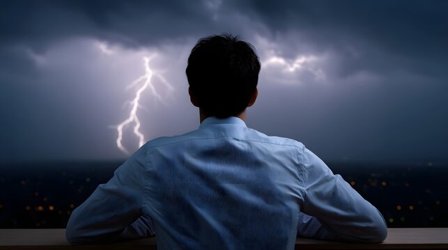 Man observes a dramatic lightning strike over a distant cityscape at dusk silhouetted against a stormy sky