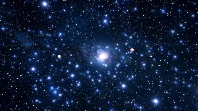 Slow, cinematic flight through a dense cluster of stars and galaxies. Billions of stars in the Milky Way galaxy, with cosmic dust, nebulae, and vibrant celestial colors creating an immersive deep-spac