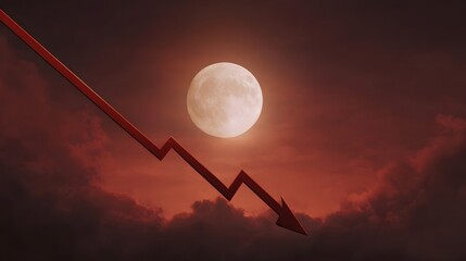A red downward arrow symbolizing economic decline is set against a dramatic crimson sky with a bright moon and ominous clouds