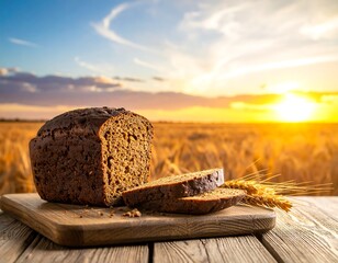 Freshly baked rye bread loaf with wheat on wooden table at golden sunset