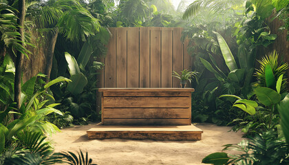 AI generator images of A large, dark wooden platform stands in the center of the image, often used as a display stand for merchandise, a backdrop for product displays, or a relaxation area designed 