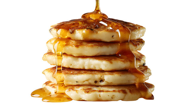 Stack of pancakes with syrup being poured on top against a dark background in a studio setting