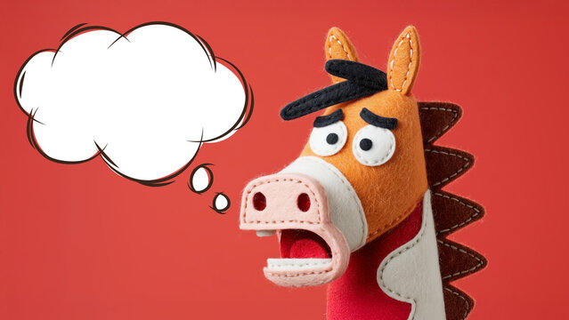 A humorous portrait of a felt horse toy with a surprised/shocked expression, featuring a large empty speech bubble for custom text or dialogue. Excellent for viral social media content