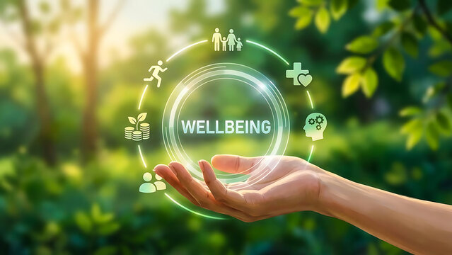 Hand holding a wellbeing concept surrounded by icons representing health fitness and community symbolizing a holistic approach to wellness