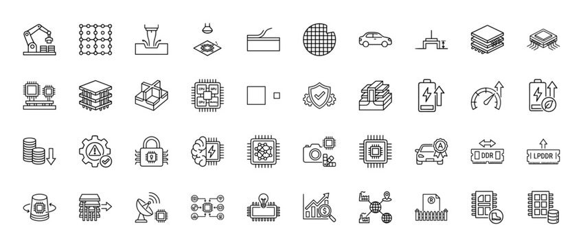 Semiconductor and microchip technology line icon set. Vector pictograms of wafer, processor, car, battery, and manufacturing, thin linear illustration.