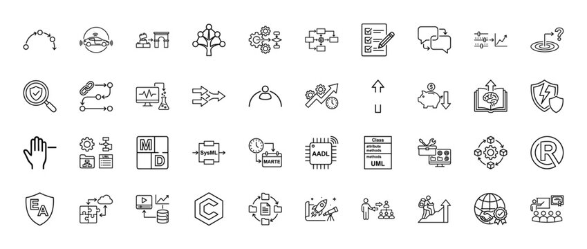 Technology and engineering line icon set. Vector pictograms of autonomous vehicle, adl, sysml, marte, uml, and development processes, thin linear illustration.
