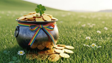 Black pot of gold coins decorated with colorful rainbow ribbon on green grass. St. Patrick's Day gift concept symbolizing luck, treasure and festive celebration.