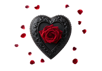 Black ornate heart frame with single red rose, elegant gothic romantic decoration, isolated on a transparent background