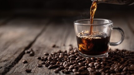 Dark coffee flows into a glass cup placed on a wooden table. Coffee beans spread around the cup create a warm atmosphere. The light highlights the drink's rich color