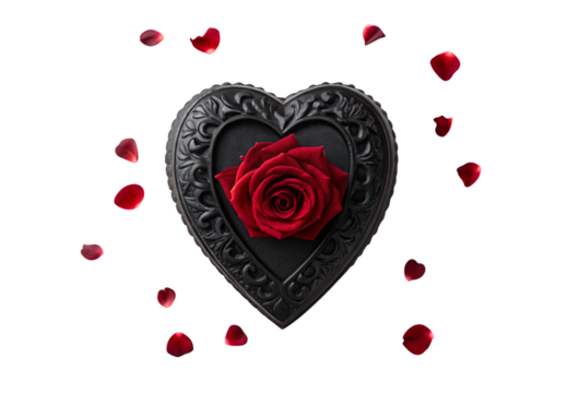 Black ornate heart frame with single red rose, elegant gothic romantic decoration, isolated on a transparent background - Powered by Adobe
