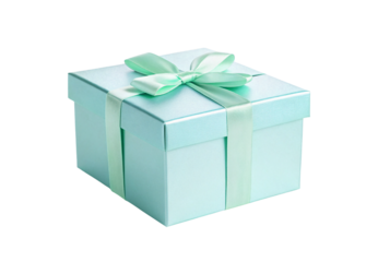 Elegant turquoise gift box with satin ribbon bow, isolated on a transparent background