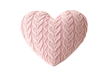 Pink cable knit heart-shaped decorative cushion pillow, isolated on a transparent background