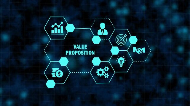 Digital concept of value proposition represented by interconnected glowing blue hexagonal icons showing business strategy, finance, idea, handshake and growth chart on a technological background.