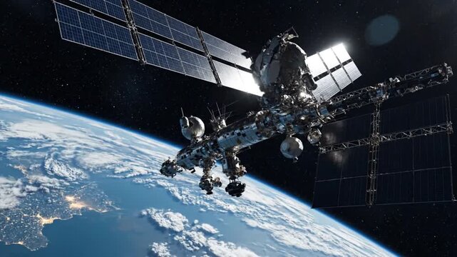 Dramatic satellite orbiting Earth provides a sense of global connection and futuristic technology, highlighting space exploration and scientific advancement